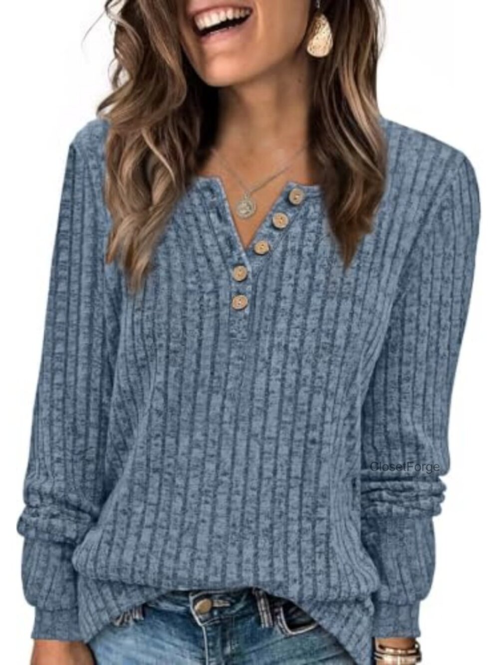 Women's Long Sleeve Tunic Sweater Front Button Crewneck Lightweight Knit Top